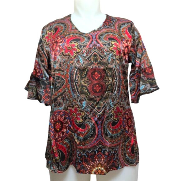 Floral & Geometric Design V-Neck Ruffled Sleeve Bohemian Women Blouse (XL) NEW - Picture 2 of 13